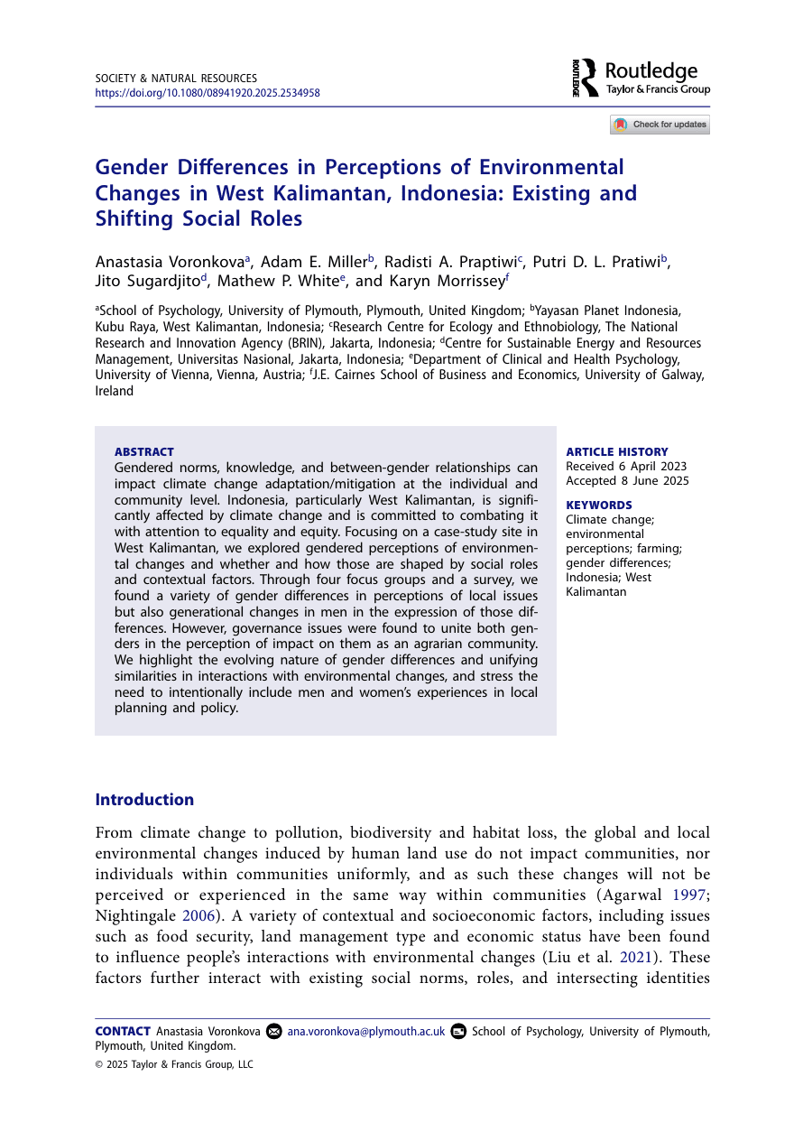 Gender Differences in Perceptions of Environmental Changes in West Kalimantan, Indonesia: Existing and Shifting Social Roles