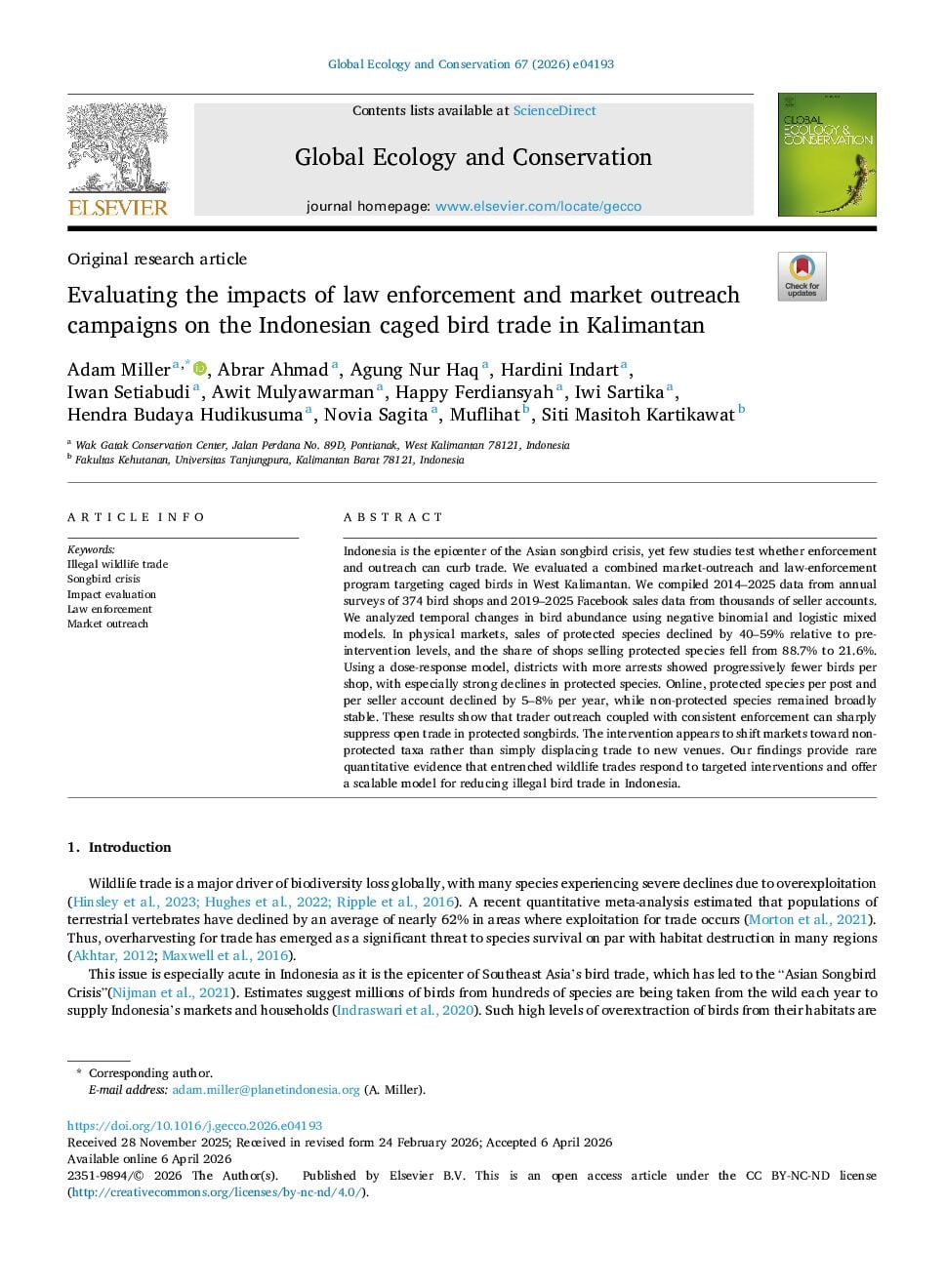 Evaluating the impacts of law enforcement and market outreach campaigns on the Indonesian caged bird trade in Kalimantan